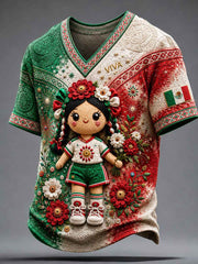 Men's Mexico Football Lover Lele Doll Art Printed V-neck T-shirt