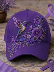 Unisex Purple Floral & Hummingbird Print Alzheimer's Awareness Support Hat