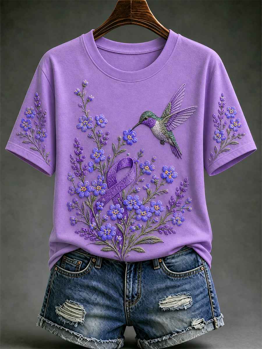 Women's Purple Floral & Hummingbird Print Alzheimer's Awareness Support Tee