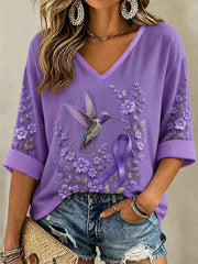 Women's Purple Floral & Hummingbird Print Alzheimer's Awareness Support V-Neck Tee