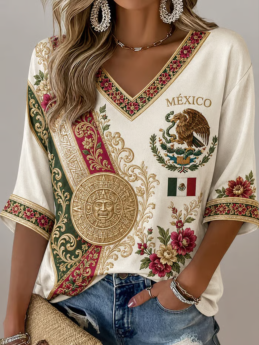 Women's Mexico Football Printed Mid-length Sleeves V-Neck T-Shirt gracestitchs