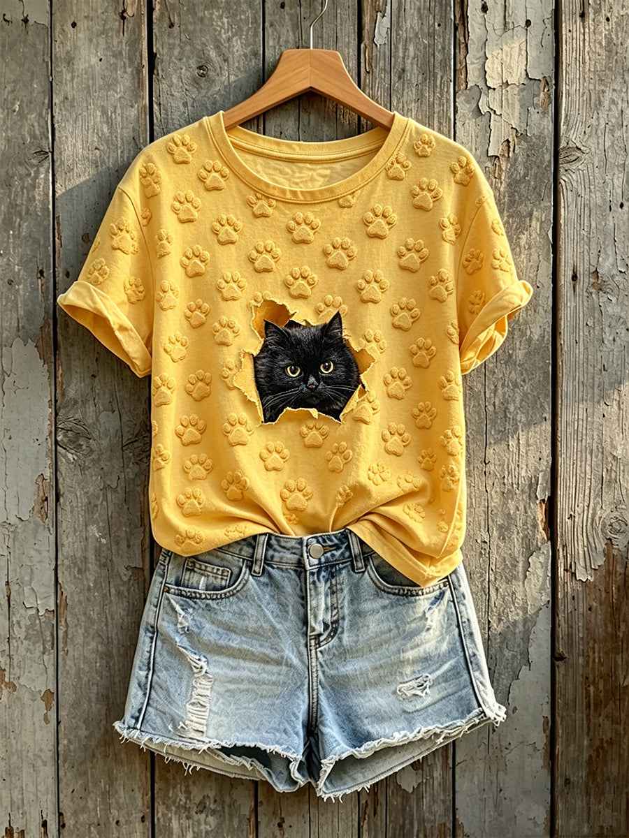 Women's Cute Black Cat & Paws Pattern Print Short-sleeved T-shirt