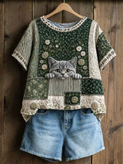Women's Cat Floral Patchwork Pastoral Style Casual Linen T-shirt