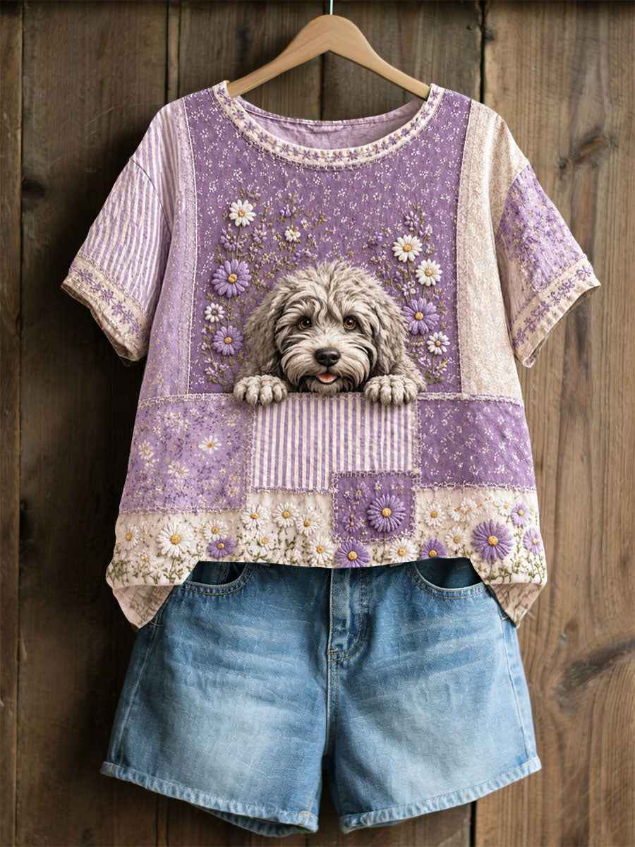 Women's Dog Floral Patchwork Pastoral Style Casual Linen T-shirt
