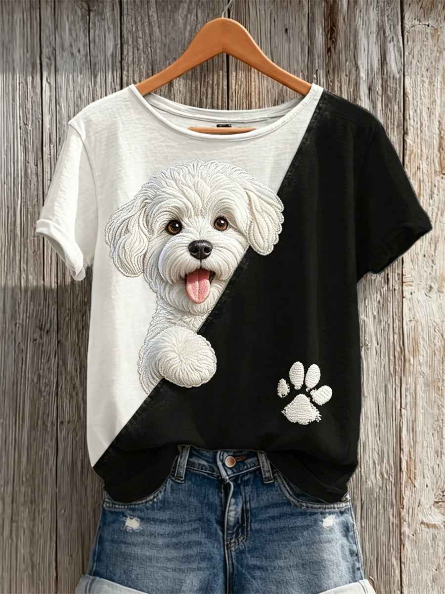 Women's Peeking Maltese Dog & Paw Print Contrast Print short-sleeved T-shirt