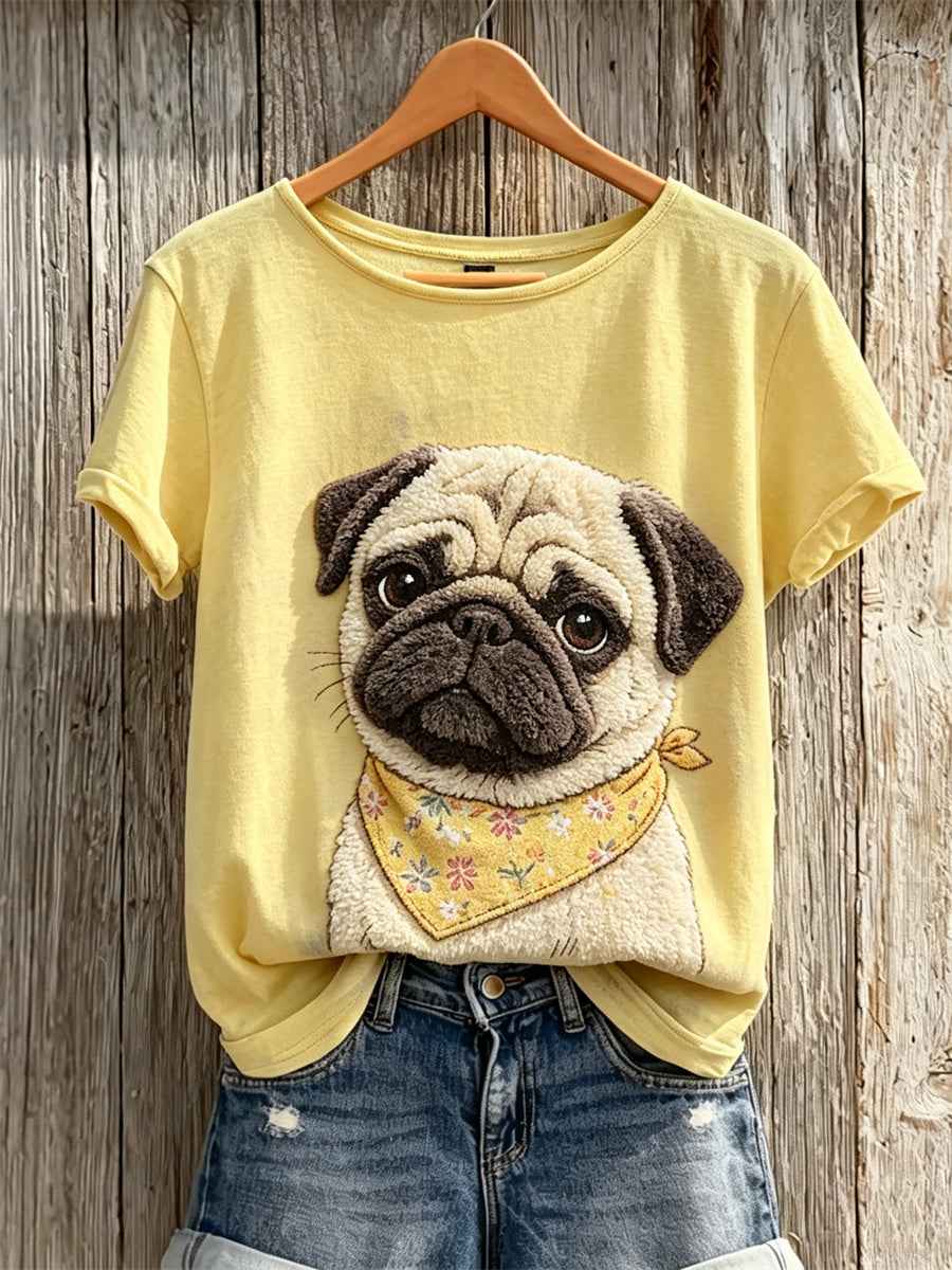 Women's Fuzzy Pug Dog Print short-sleeved T-shirt