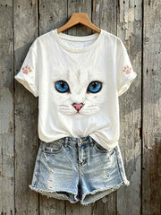 Women's Beauty Cat Face Art Print Round Neck Short-sleeved T-shirt