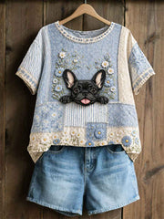 Women's Dog Floral Patchwork Pastoral Style Casual Linen T-shirt
