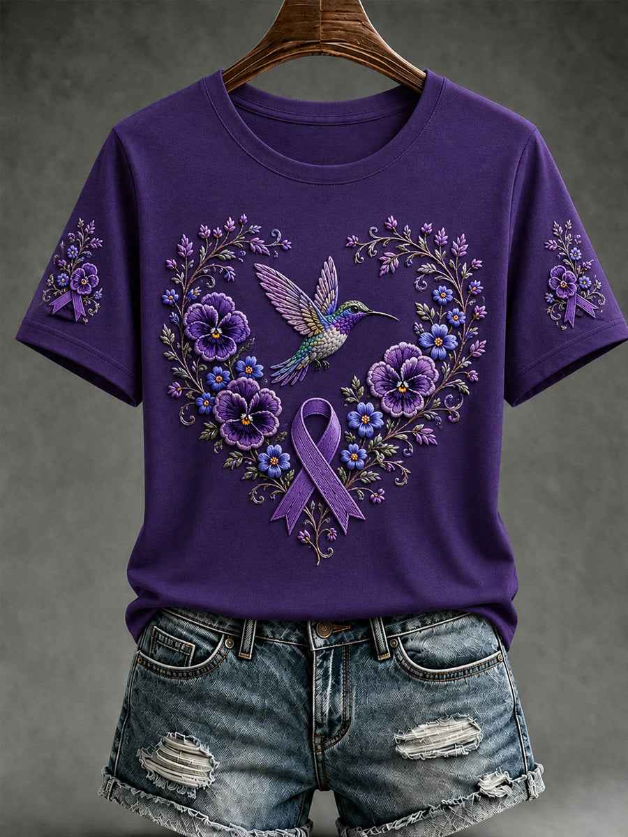 Women's Purple Floral & Hummingbird Print Alzheimer's Awareness Support Short Sleeve T-shirt