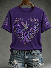 Women's Purple Floral & Hummingbird Print Alzheimer's Awareness Support Short Sleeve T-shirt