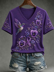 Women's Purple Floral & Hummingbird Print Alzheimer's Awareness Support V-Neck Short Sleeve T-shirt