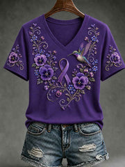 Women's Purple Floral & Hummingbird Print Alzheimer's Awareness Support V-Neck Short Sleeve T-shirt