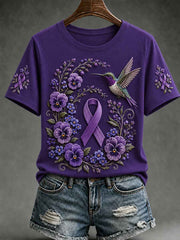 Women's Purple Floral & Hummingbird Print Alzheimer's Awareness Support Short Sleeve T-shirt