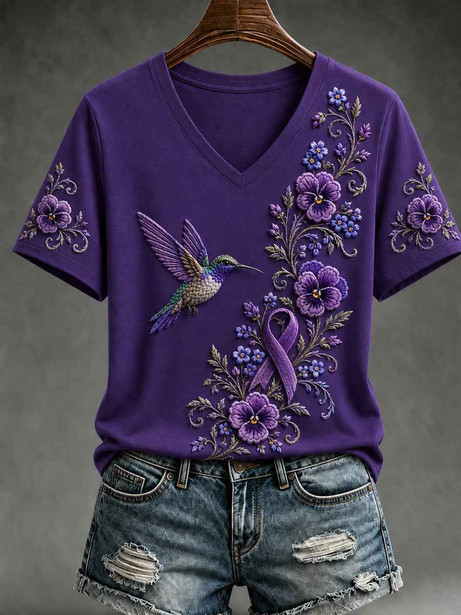 Women's Purple Floral & Hummingbird Print Alzheimer's Awareness Support V-Neck Short Sleeve T-shirt