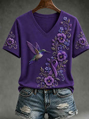 Women's Purple Floral & Hummingbird Print Alzheimer's Awareness Support V-Neck Short Sleeve T-shirt