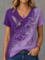 Women's Purple Floral & Hummingbird Print Alzheimer's Awareness Support V-Neck Tee
