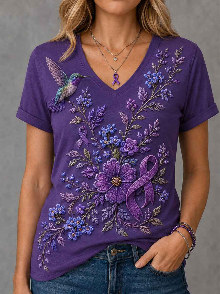 Women's Purple Floral & Hummingbird Print Alzheimer's Awareness Support V-Neck Tee