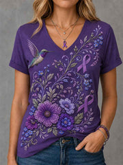 Women's Purple Floral & Hummingbird Print Alzheimer's Awareness Support V-Neck Tee