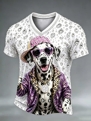 Men's Crystal-embellished dog print design V-neck T-shirt gracestitchs