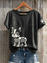 Women's Lovely Skeleton Bulldog & Paw Print short-sleeved T-shirt