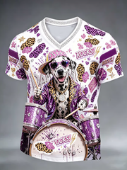 Men's Crystal-embellished dog print design V-neck T-shirt gracestitchs