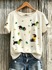 Women's cute dog pattern printed short-sleeved T-shirt