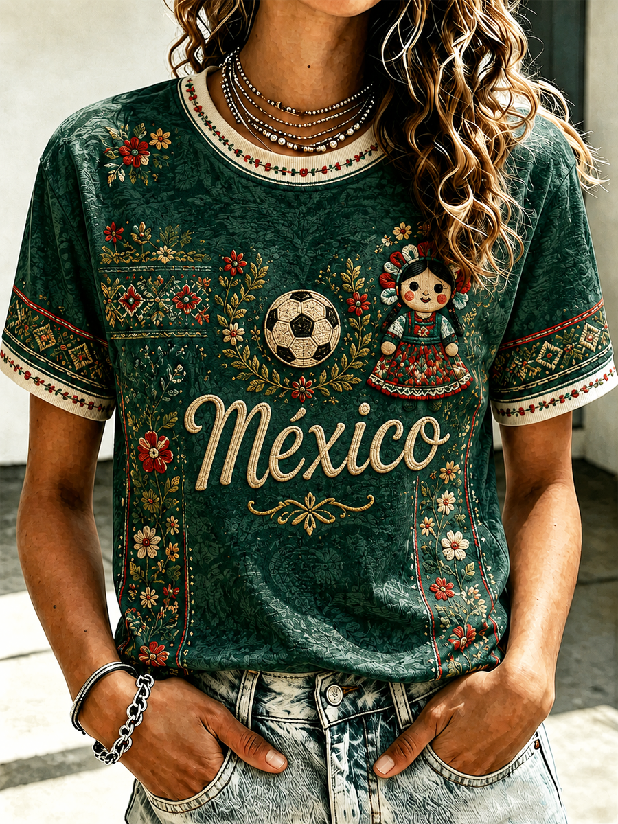 Women's Mexico Football Lover Art Printed short-sleeved T-shirt gracestitchs