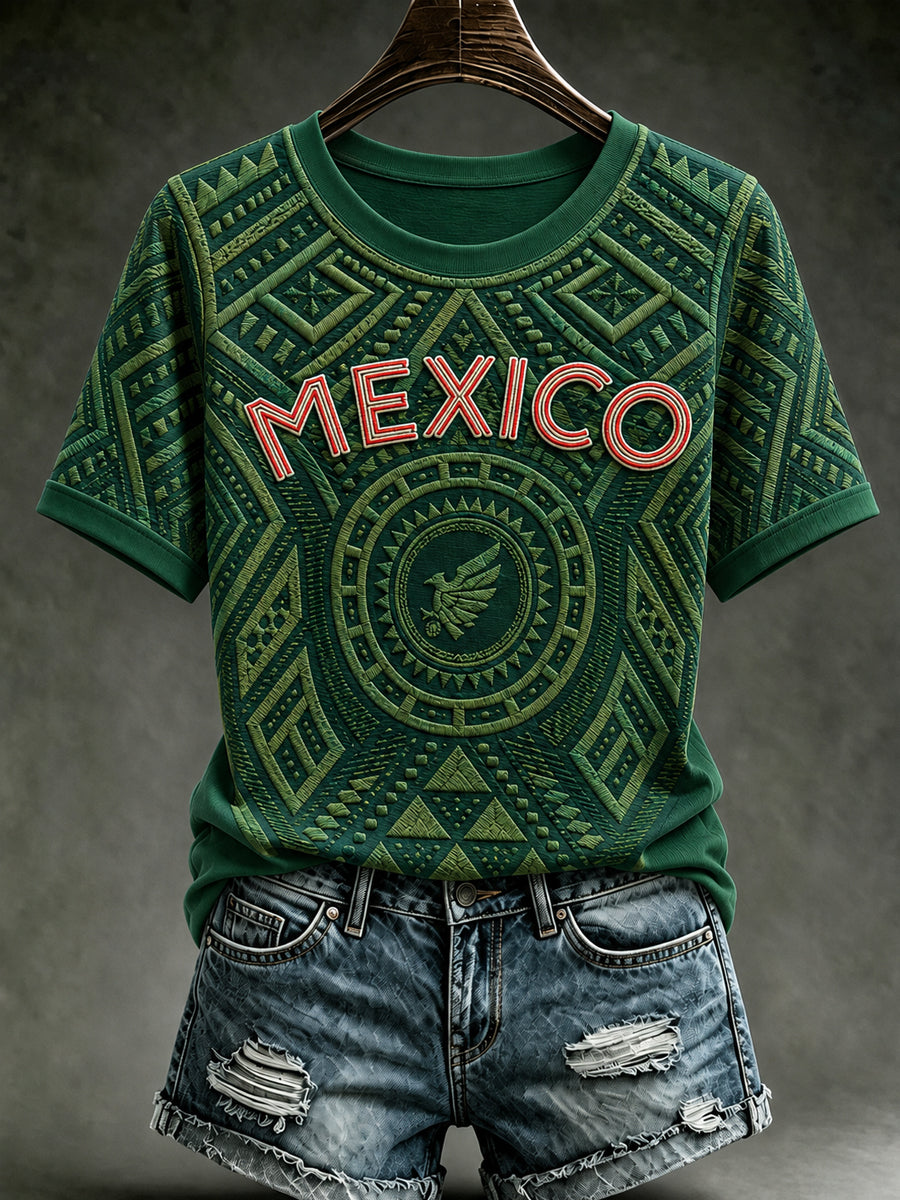 Women's Mexico Football Lover Art O-neck Short Sleeve T-shirt gracestitchs