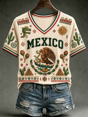 Women's Mexico Football Lover Art V-neck Short Sleeve T-shirt