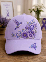 Unisex Purple Floral & Hummingbird Print Alzheimer's Awareness Support Hat