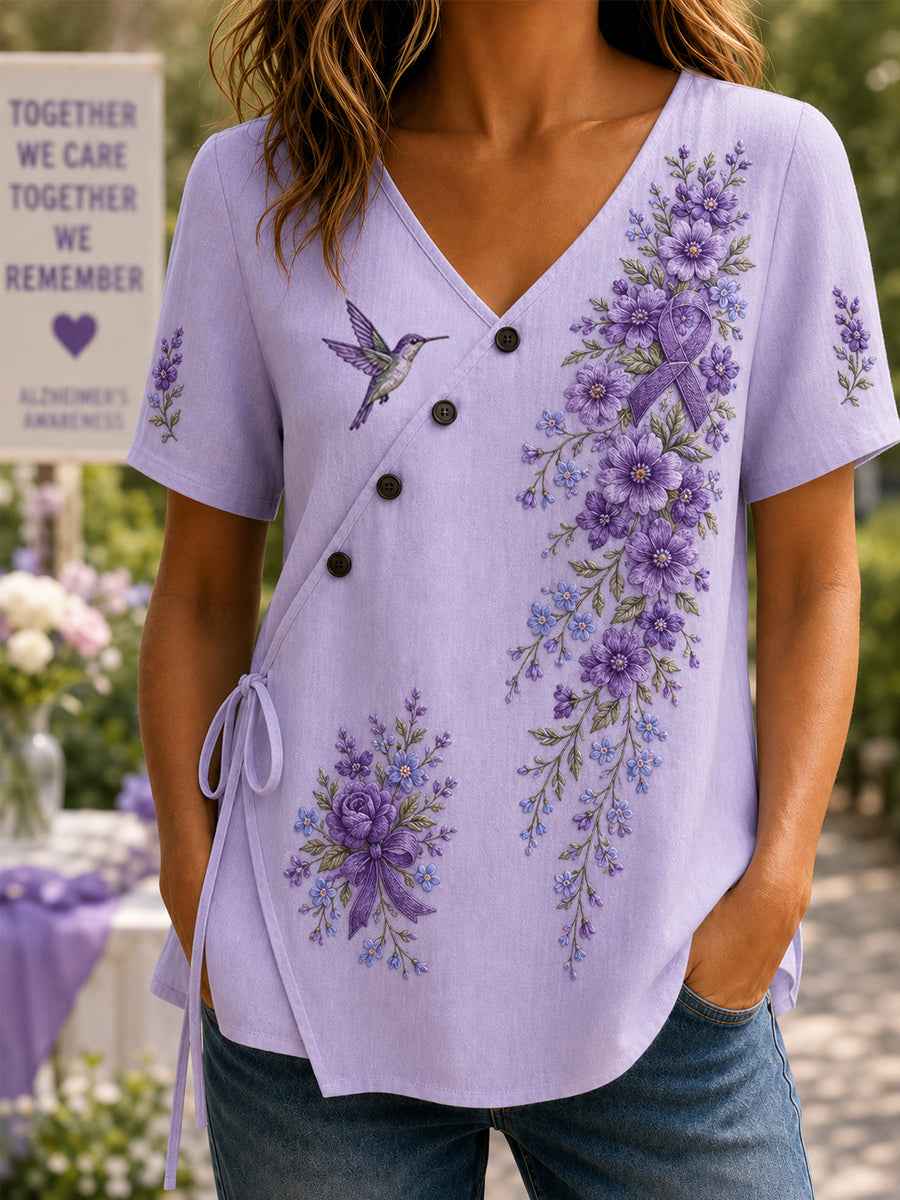 Women's Purple Floral & Hummingbird Print Alzheimer's Awareness Support V-Neck Shirt