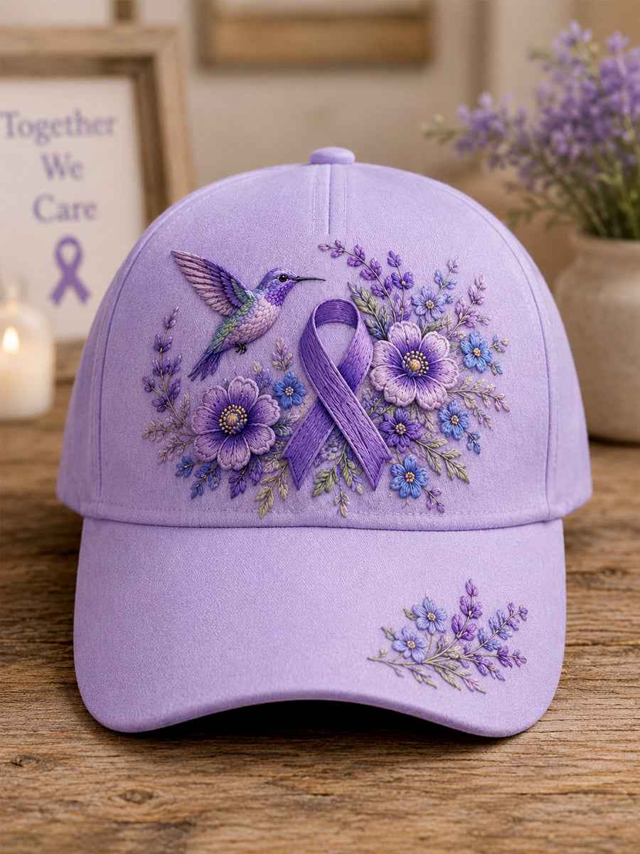Unisex Purple Floral & Hummingbird Print Alzheimer's Awareness Support Hat