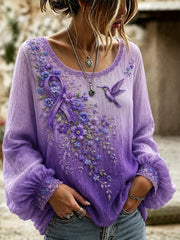 Women's Purple Floral & Hummingbird Print Alzheimer's Awareness Support Top gracestitchs