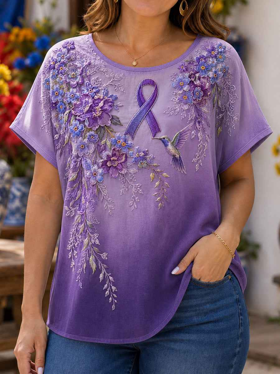 Women's Purple Floral & Hummingbird Print Alzheimer's Awareness Support Tee