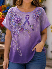 Women's Purple Floral & Hummingbird Print Alzheimer's Awareness Support Tee