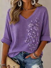 Women's Purple Floral Print Casual T-Shirt