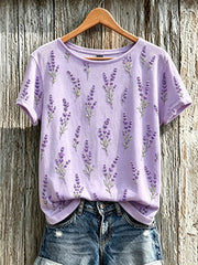 Women's purple plant flower pattern printed casual short-sleeved T-shirt gracestitchs