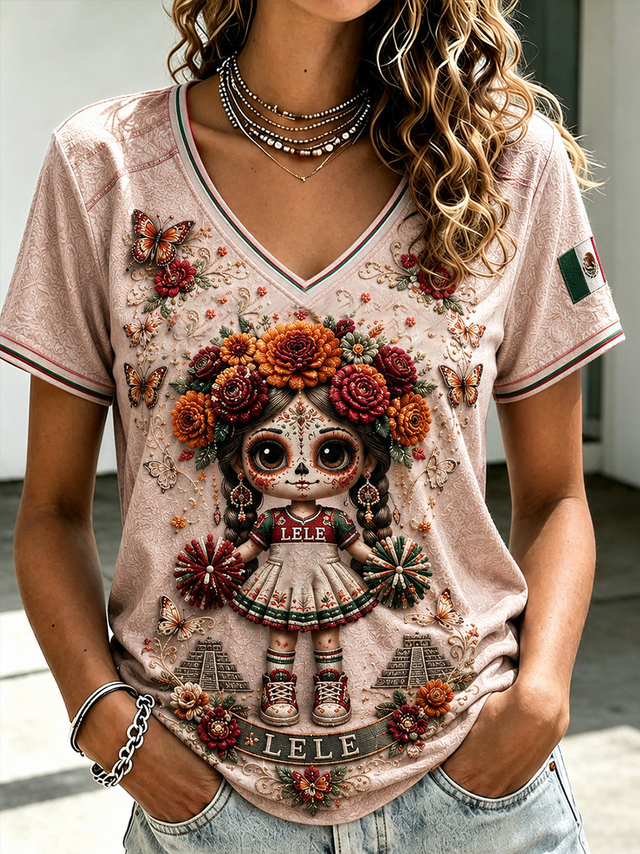 Women's Mexico Football Lover La Catrina Lele Doll Art Printed T-shirt gracestitchs