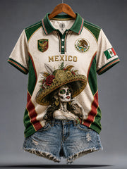 Women's Mexico Football Lover La Catrina Art Printed Casual Tops gracestitchs
