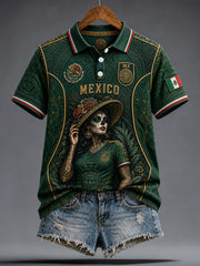 Women's Mexico Football Lover La Catrina Art Printed Casual Tops gracestitchs