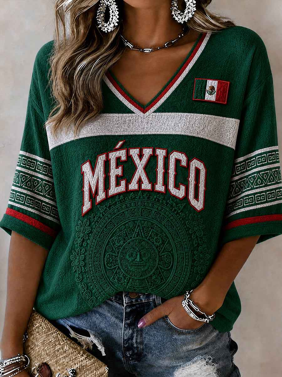 Women's Mexico Football Lover Art Mid-length Sleeves V-Neck T-Shirt
