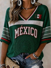 Women's Mexico Football Lover Art Mid-length Sleeves V-Neck T-Shirt