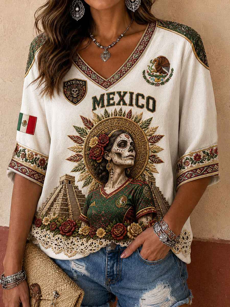 Women's Mexico Football Lover La Catrina Art Printed T-shirt