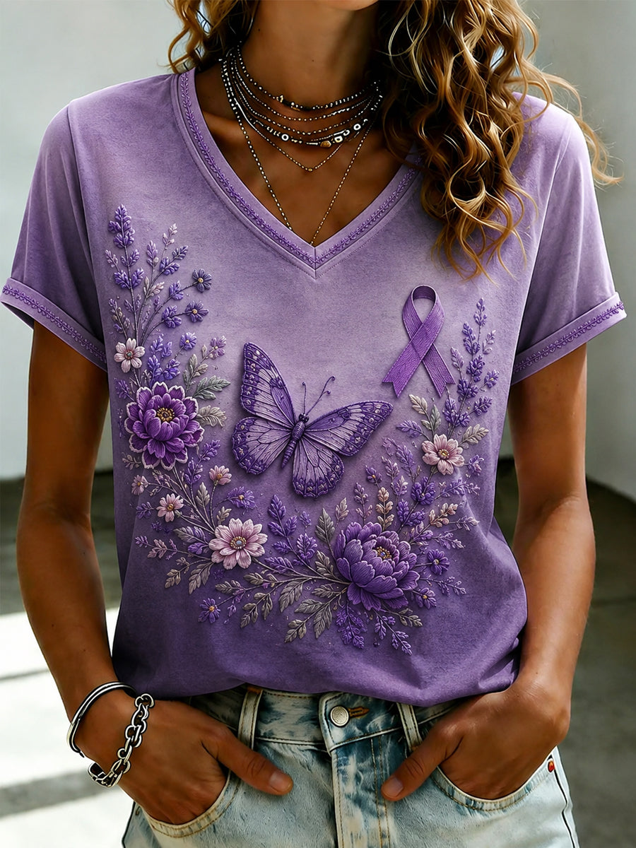 Women's Purple Flora Art Printed V-neck T-shirt gracestitchs