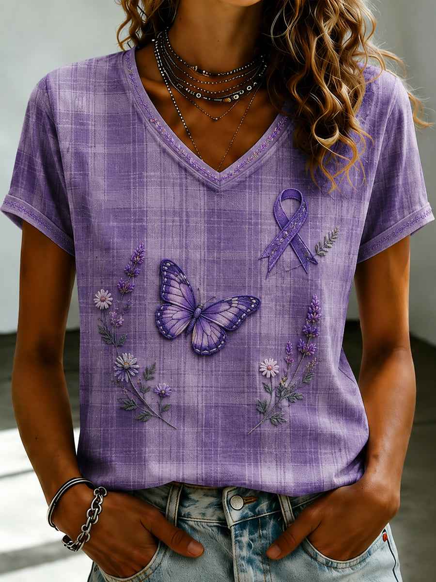 Women's Purple Flora Art Printed V-neck T-shirt