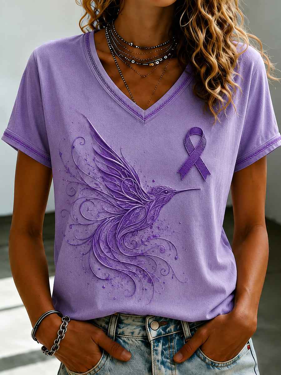 Women's Purple Flora Art Printed V-neck T-shirt