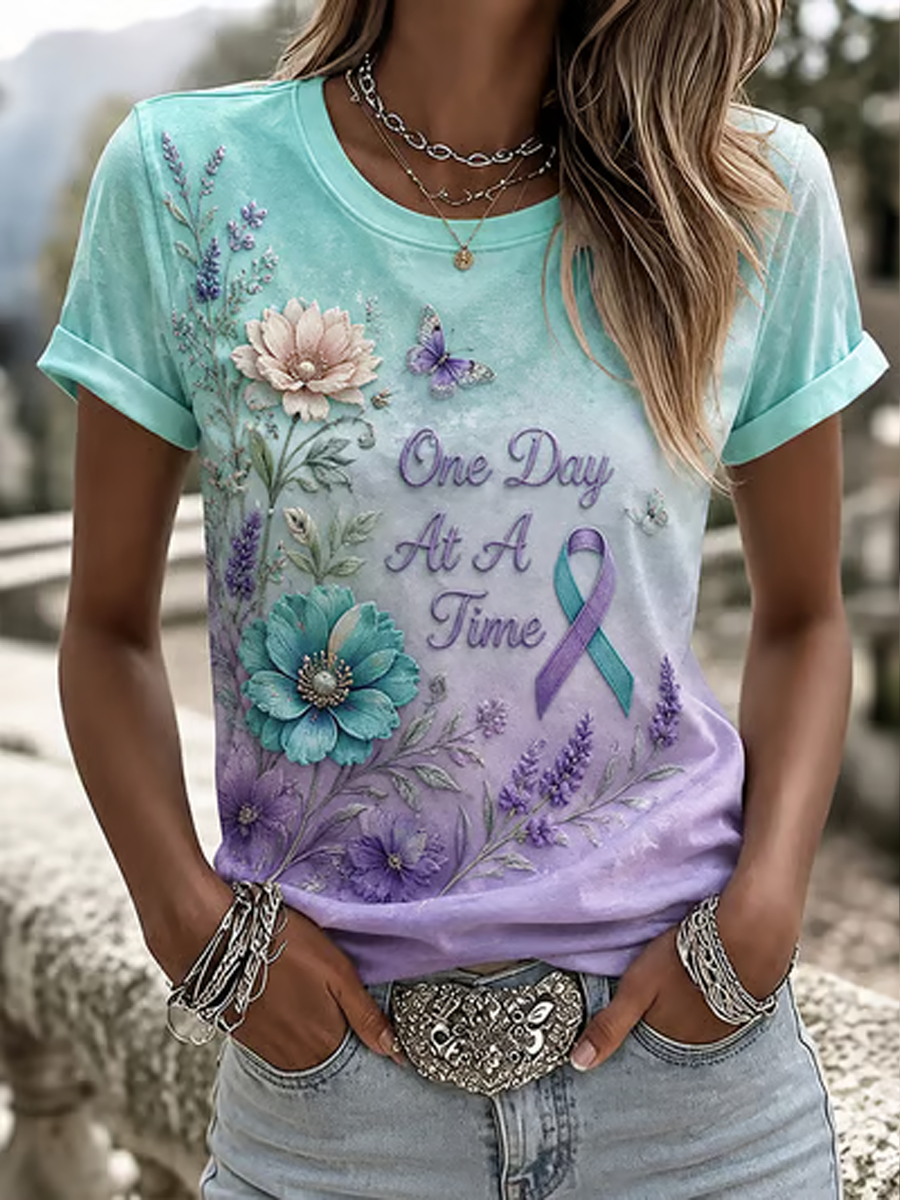 Women's One Day At A Time Flower Art Print short-sleeved T-shirt gracestitchs
