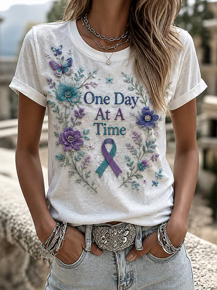 Women's One Day At A Time Flower Art Print short-sleeved T-shirt gracestitchs
