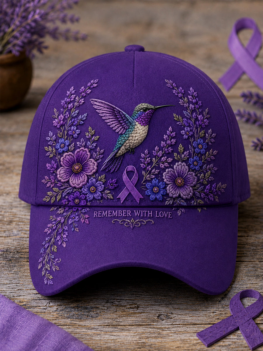 Unisex Purple Floral & Hummingbird Print Alzheimer's Awareness Support Hat gracestitchs