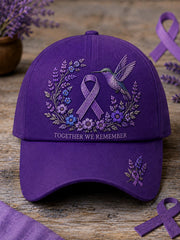 Unisex Purple Floral & Hummingbird Print Alzheimer's Awareness Support Hat gracestitchs
